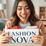 Woman unboxing a Fashion Nova package with trendy clothing items, excited expression, modern apartment setting with natural lighting, close-up of hands opening box
