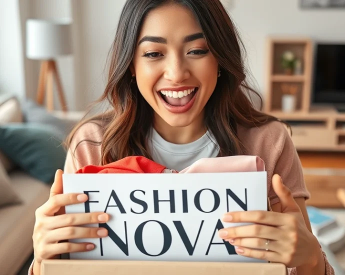Woman unboxing a Fashion Nova package with trendy clothing items, excited expression, modern apartment setting with natural lighting, close-up of hands opening box