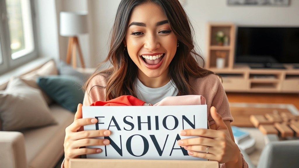 Woman unboxing a Fashion Nova package with trendy clothing items, excited expression, modern apartment setting with natural lighting, close-up of hands opening box