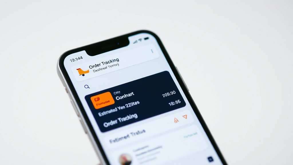 Smartphone screen displaying order tracking dashboard with status updates, shipping carrier logo, estimated delivery date, minimalist aesthetic, professional photography
