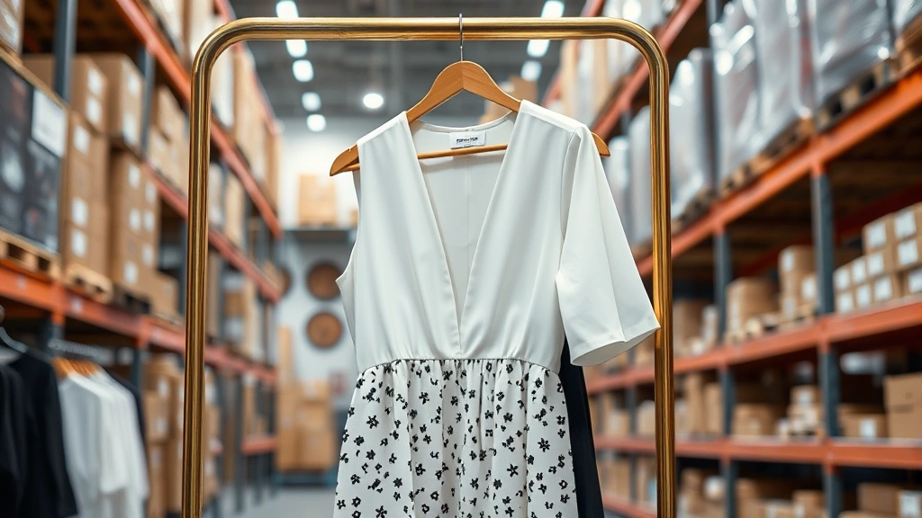 Fashion Nova dress hanging on gold rack, warehouse storage environment, organized shelving in background, professional fashion photography, clean modern aesthetic