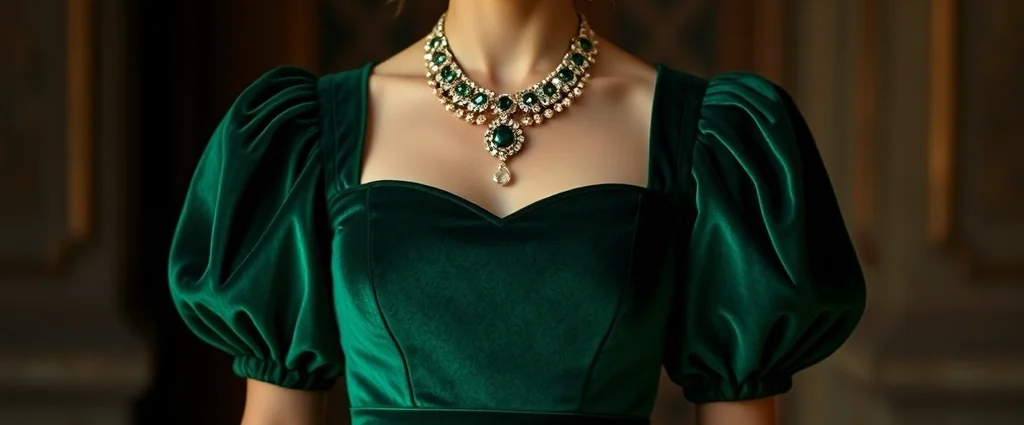Woman wearing emerald velvet structured bodice gown with high waistline, jeweled necklace, dramatic puffed sleeves, elegant Renaissance-inspired silhouette, professional fashion photography