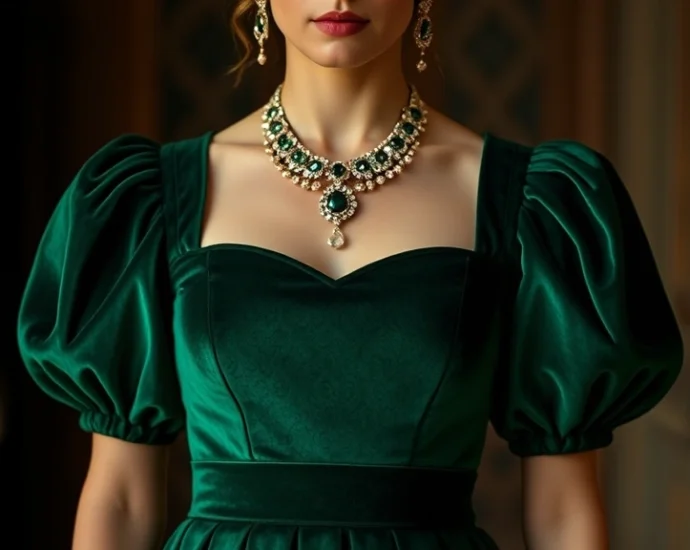 Woman wearing emerald velvet structured bodice gown with high waistline, jeweled necklace, dramatic puffed sleeves, elegant Renaissance-inspired silhouette, professional fashion photography