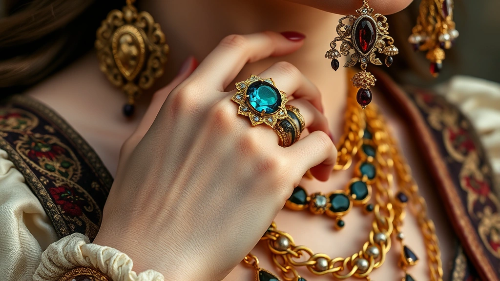 Close-up of ornate Tudor jewelry including chunky gemstone rings, chandelier earrings, and layered gold chains on pale hands, luxurious detailed accessories, rich jewel tones