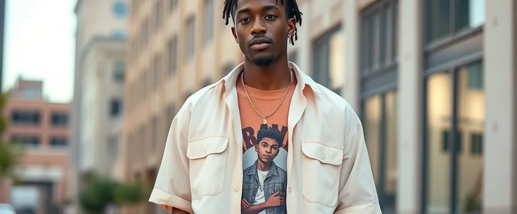 Tyler the Creator wearing oversized pastel button-up shirt layered with vintage graphic tee, standing against urban backdrop, natural lighting, confident pose showcasing proportion balance and color coordination
