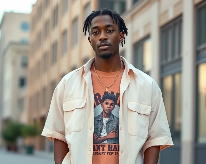 Tyler the Creator wearing oversized pastel button-up shirt layered with vintage graphic tee, standing against urban backdrop, natural lighting, confident pose showcasing proportion balance and color coordination