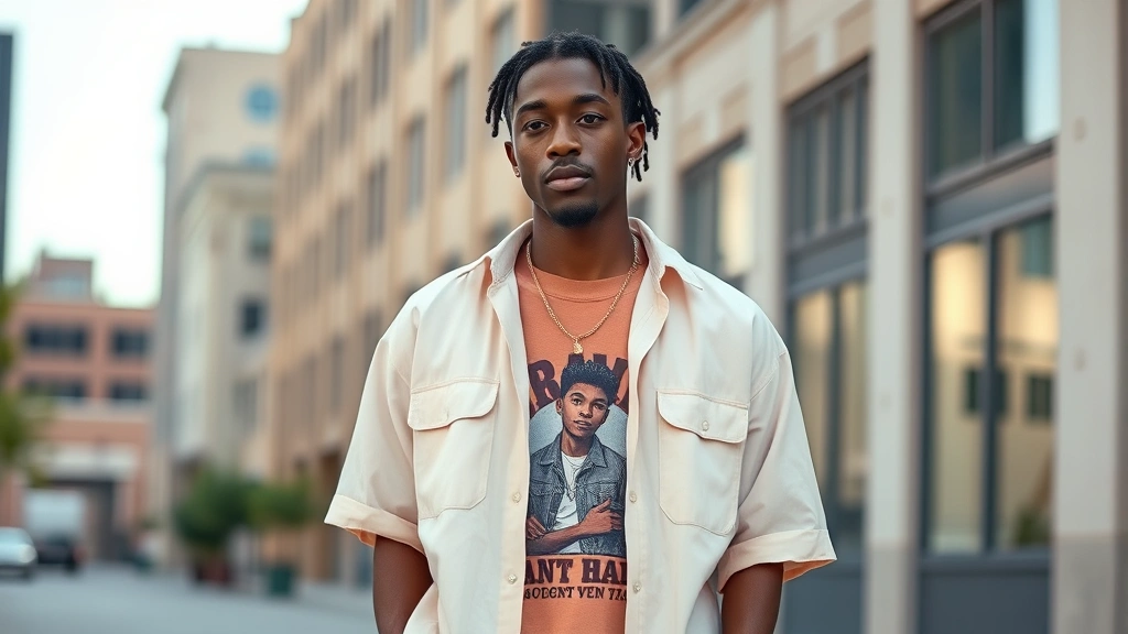 Tyler the Creator wearing oversized pastel button-up shirt layered with vintage graphic tee, standing against urban backdrop, natural lighting, confident pose showcasing proportion balance and color coordination