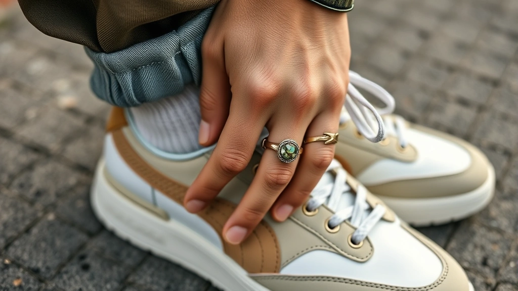 Close-up detail shot of curated outfit featuring Golf Wang sneakers, vintage ring, and fabric textures, showing attention to accessory details and material quality in contemporary streetwear styling