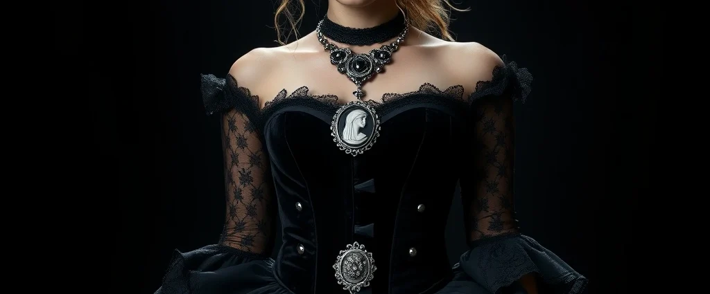 Woman wearing elaborate black velvet corset dress with layered lace skirts, ornate silver cameo necklace, pale makeup with dark eye makeup, pale complexion, standing in dramatic lighting against dark background, theatrical Gothic fashion styling