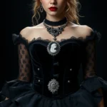 Woman wearing elaborate black velvet corset dress with layered lace skirts, ornate silver cameo necklace, pale makeup with dark eye makeup, pale complexion, standing in dramatic lighting against dark background, theatrical Gothic fashion styling