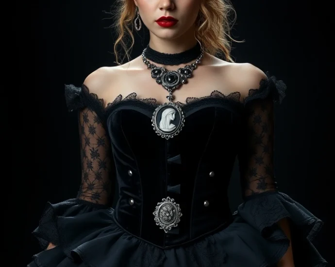 Woman wearing elaborate black velvet corset dress with layered lace skirts, ornate silver cameo necklace, pale makeup with dark eye makeup, pale complexion, standing in dramatic lighting against dark background, theatrical Gothic fashion styling