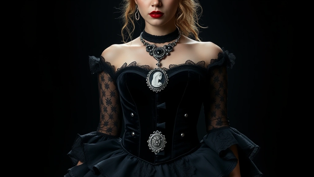 Woman wearing elaborate black velvet corset dress with layered lace skirts, ornate silver cameo necklace, pale makeup with dark eye makeup, pale complexion, standing in dramatic lighting against dark background, theatrical Gothic fashion styling