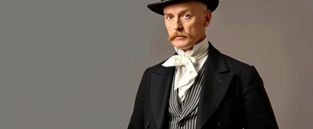 Distinguished Victorian gentleman in formal black morning coat with striped trousers, white dress shirt with high collar, silk cravat, and top hat, photographed in professional studio setting with neutral background, showcasing impeccable tailoring and refined posture characteristic of 1880s formal daytime wear