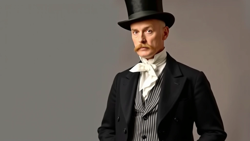 Distinguished Victorian gentleman in formal black morning coat with striped trousers, white dress shirt with high collar, silk cravat, and top hat, photographed in professional studio setting with neutral background, showcasing impeccable tailoring and refined posture characteristic of 1880s formal daytime wear