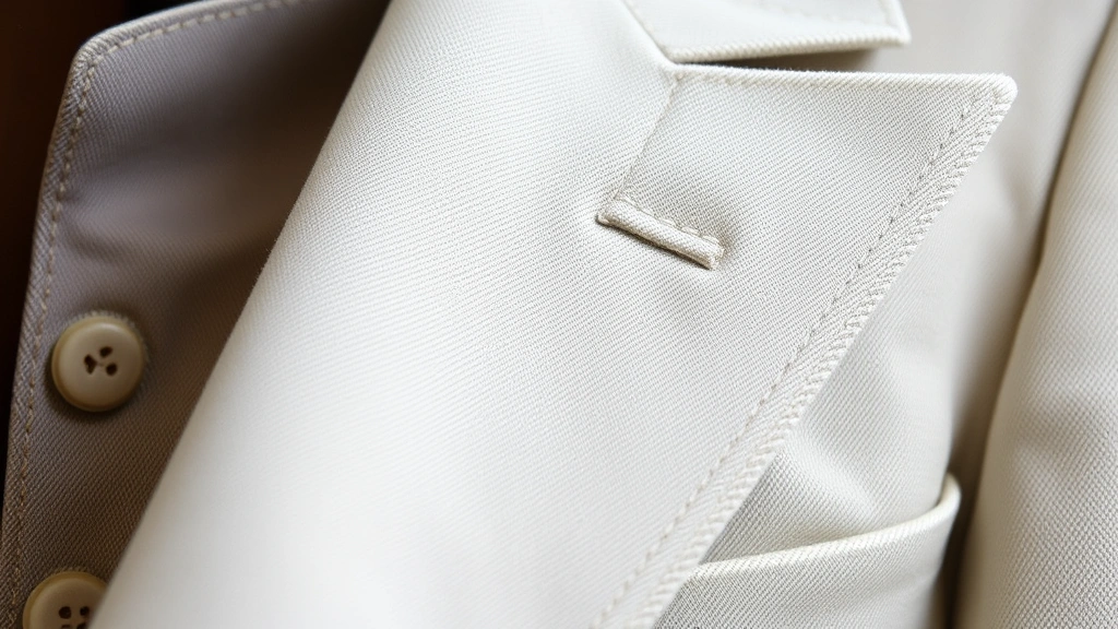 Close-up detail of Victorian bespoke suit construction showing hand-stitched lapels, silk lining, canvas interfacing, and intricate buttonhole work demonstrating master tailoring craftsmanship, fabric texture and precise stitching visible against soft lighting
