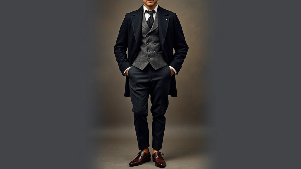 Full-length portrait of Victorian gentleman in three-piece suit comprising dark wool jacket, matching waistcoat with subtle damask pattern, tapered trousers with ankle strap, polished Oxford shoes, and formal accessories including pocket watch chain, exemplifying late Victorian era refined menswear elegance