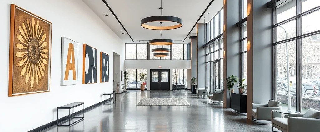 Modern minimalist hotel lobby with statement lighting fixtures, contemporary art installations on white walls, polished concrete floors, and floor-to-ceiling windows showcasing Amsterdam canal views, no people, photorealistic interior design photography