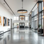 Modern minimalist hotel lobby with statement lighting fixtures, contemporary art installations on white walls, polished concrete floors, and floor-to-ceiling windows showcasing Amsterdam canal views, no people, photorealistic interior design photography
