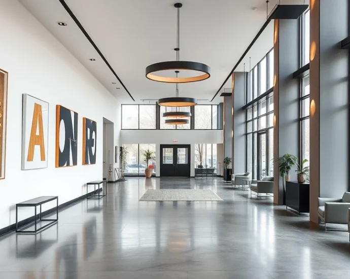 Modern minimalist hotel lobby with statement lighting fixtures, contemporary art installations on white walls, polished concrete floors, and floor-to-ceiling windows showcasing Amsterdam canal views, no people, photorealistic interior design photography