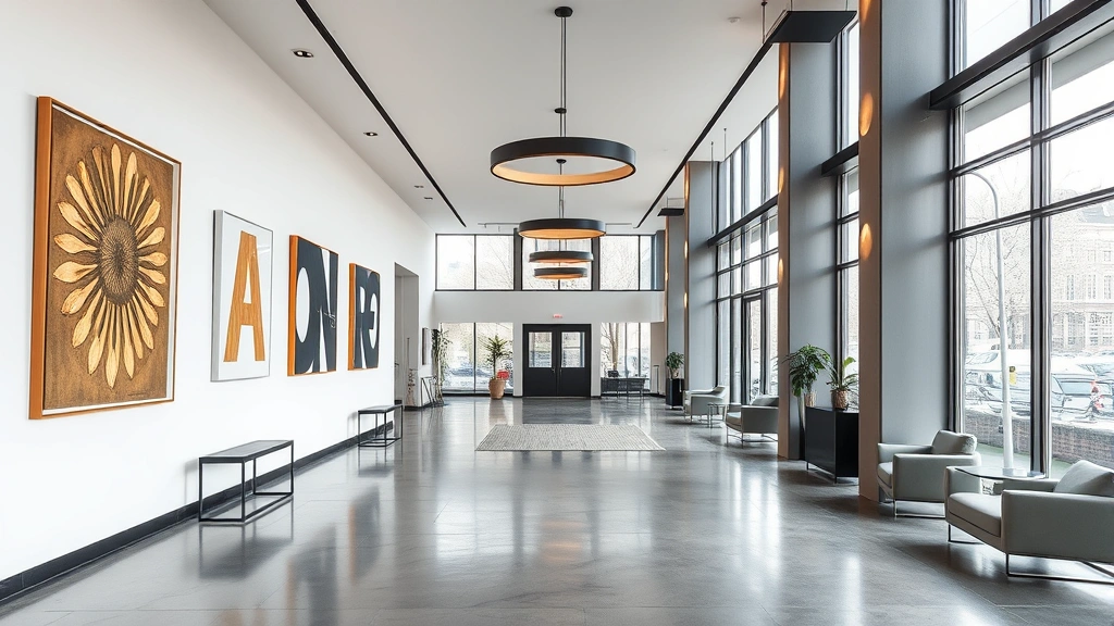 Modern minimalist hotel lobby with statement lighting fixtures, contemporary art installations on white walls, polished concrete floors, and floor-to-ceiling windows showcasing Amsterdam canal views, no people, photorealistic interior design photography