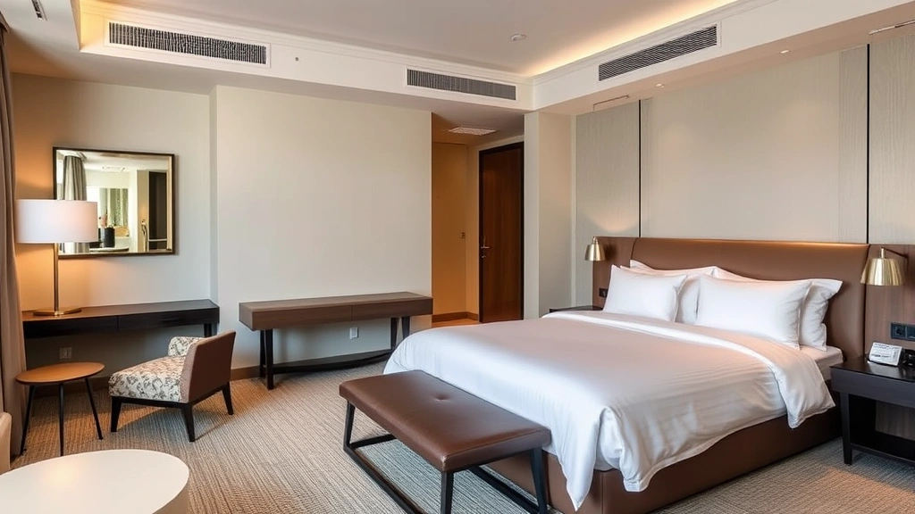 Stylish hotel guest room featuring premium bedding, contemporary furniture, soft ambient lighting, design-forward aesthetic with neutral tones, open modern bathroom visible, luxury hospitality space, no people or text visible