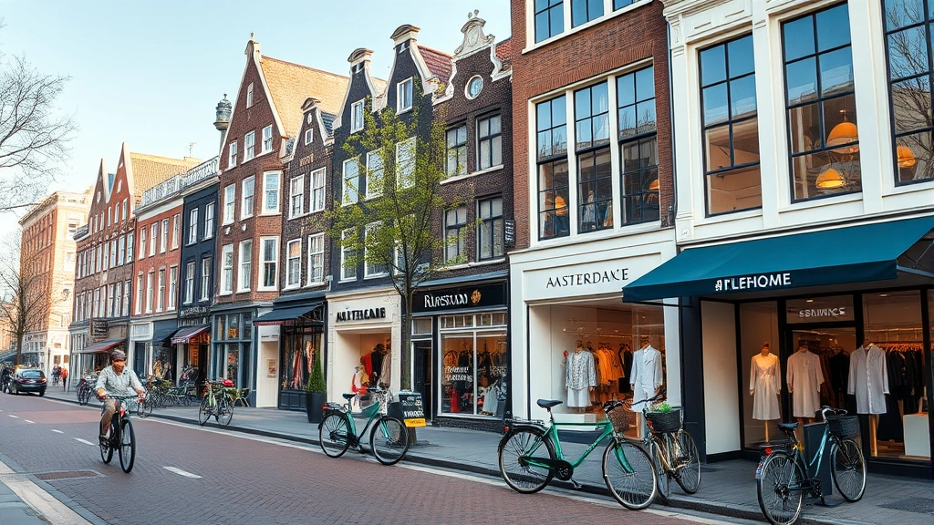 Amsterdam street scene near fashion district with boutique storefronts, bicycles, canal-side architecture, contemporary fashion window displays, afternoon light, vibrant urban design culture, photorealistic street photography, no text or signage visible