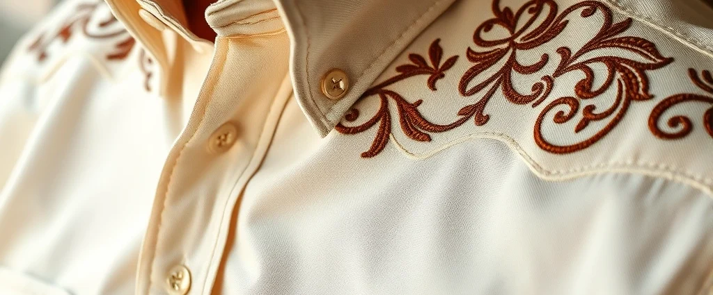Close-up of premium western pearl snap shirt in cream with intricate embroidered yoke detail, rich texture visible on high-quality cotton fabric, warm studio lighting highlighting craftsmanship