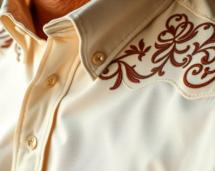 Close-up of premium western pearl snap shirt in cream with intricate embroidered yoke detail, rich texture visible on high-quality cotton fabric, warm studio lighting highlighting craftsmanship