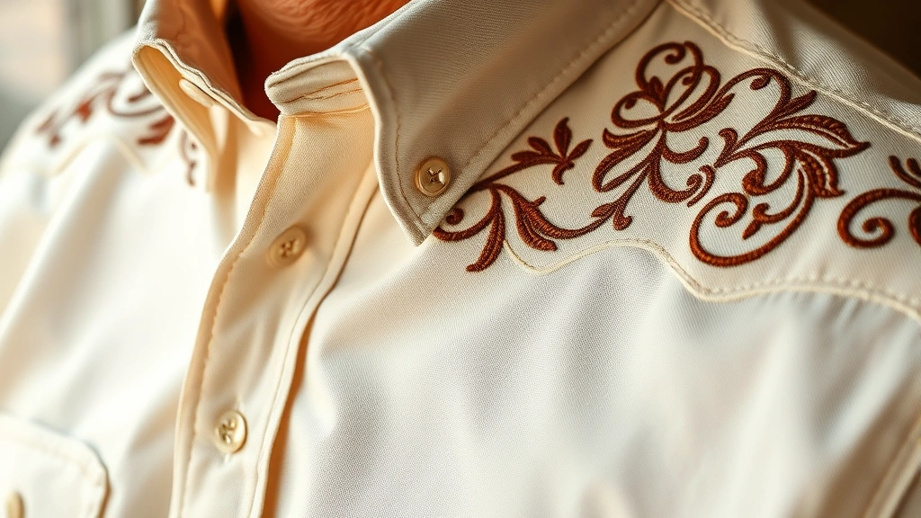 Close-up of premium western pearl snap shirt in cream with intricate embroidered yoke detail, rich texture visible on high-quality cotton fabric, warm studio lighting highlighting craftsmanship
