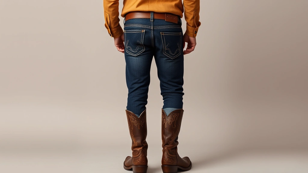 Full-body styled look of man wearing classic tan western shirt, dark denim jeans with decorative back pocket stitching, ornate leather boots with tooled details, leather belt with distinctive buckle, standing confidently against neutral backdrop
