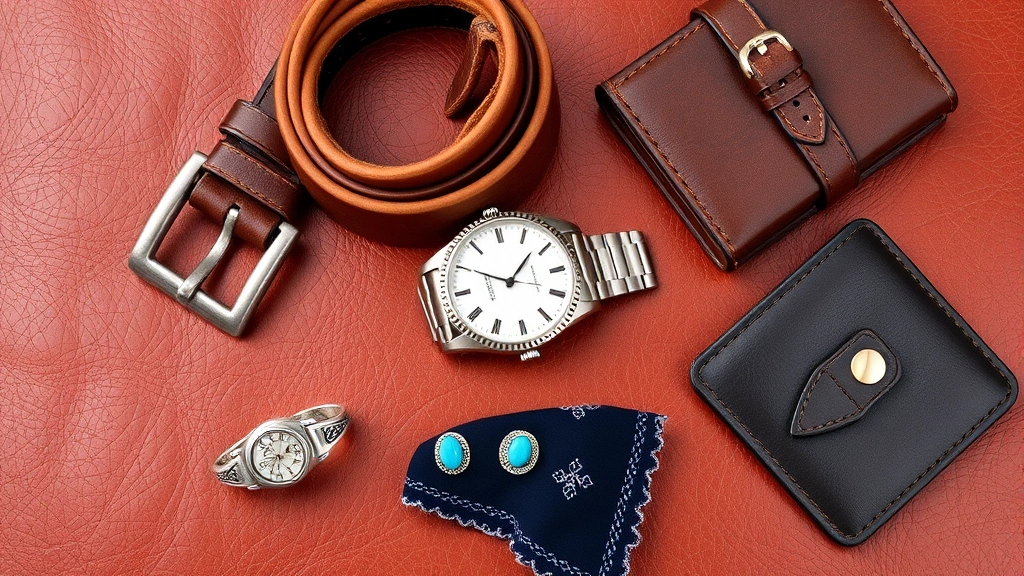 Flat lay arrangement of western fashion accessories including quality leather belt with statement buckle, vintage-style watch, turquoise and silver rings, bandana with subtle pattern, quality leather wallet, arranged artfully on rich leather surface