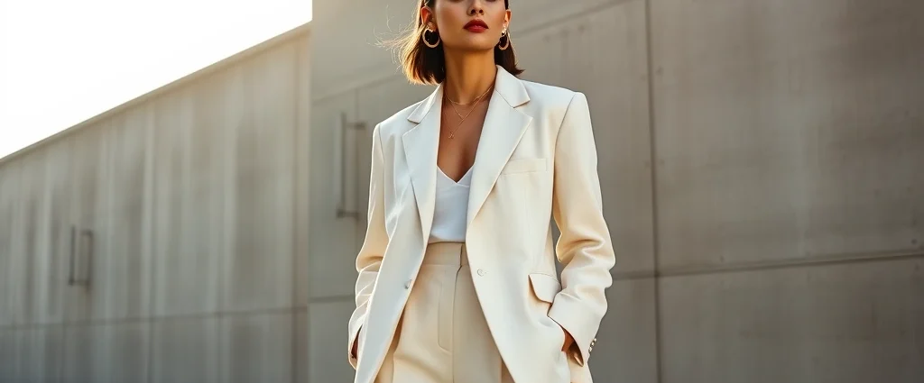 Woman wearing oversized cream linen blazer with high-waisted wide-leg trousers and minimalist gold jewelry, standing in natural sunlight near architectural concrete wall, professional editorial fashion photography