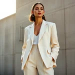 Woman wearing oversized cream linen blazer with high-waisted wide-leg trousers and minimalist gold jewelry, standing in natural sunlight near architectural concrete wall, professional editorial fashion photography