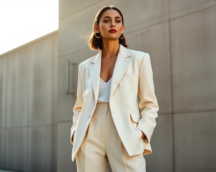 Woman wearing oversized cream linen blazer with high-waisted wide-leg trousers and minimalist gold jewelry, standing in natural sunlight near architectural concrete wall, professional editorial fashion photography