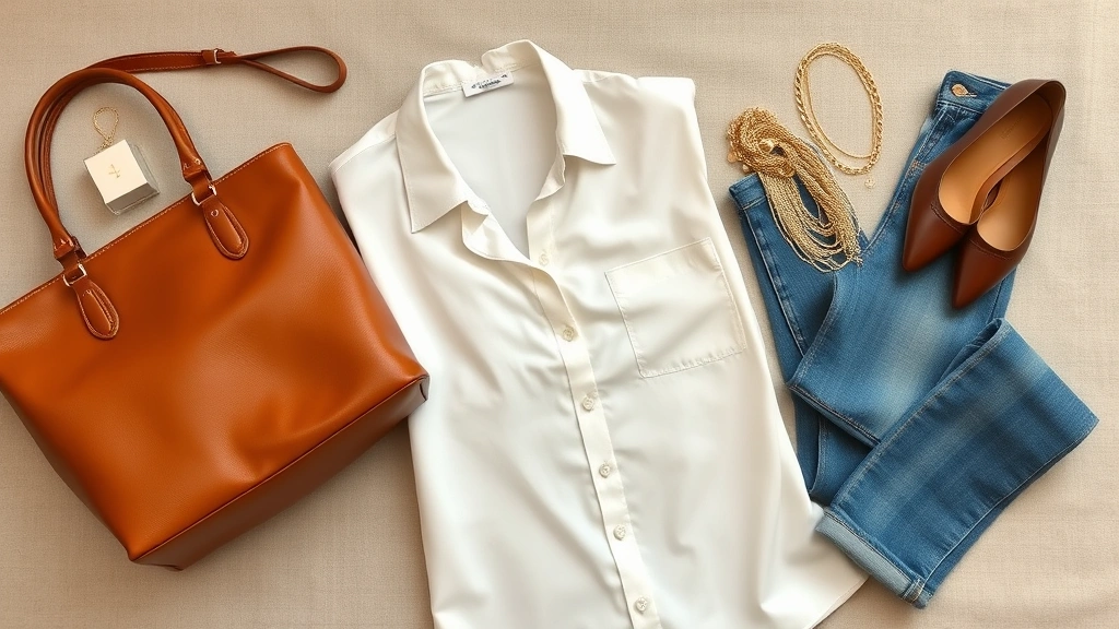 Flat lay styling shot featuring luxury leather handbag in cognac brown, white silk button-down shirt, quality denim jeans, delicate gold chains, and classic leather flats arranged artfully on neutral linen background