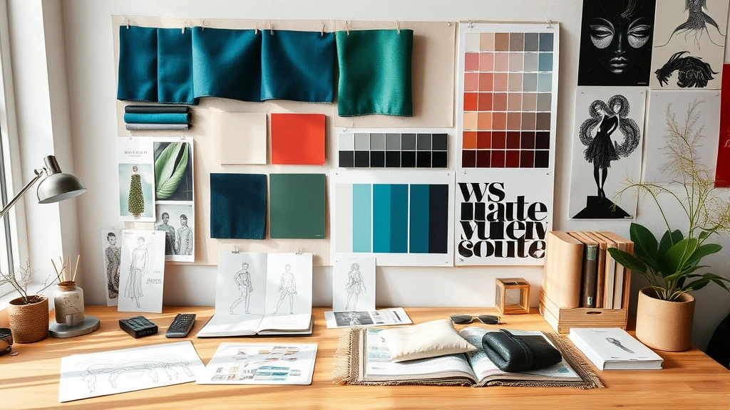 Fashion designer workspace with mood board displaying fabric swatches in jewel tones, color palette samples, sketches of contemporary silhouettes, sustainable material samples, and design inspiration imagery on wooden table with natural lighting