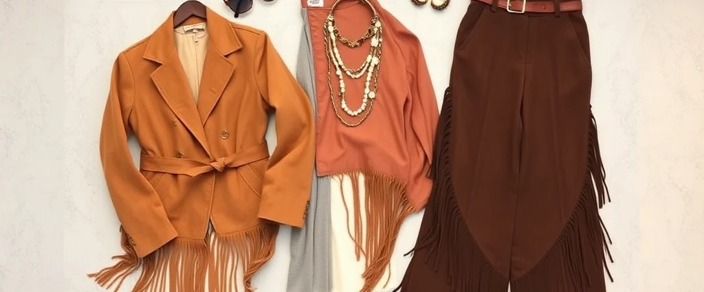 Flat lay of vintage 1970s bohemian fashion items including suede jacket, wide-leg trousers, fringe details, and layered jewelry on neutral background with natural lighting