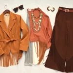 Flat lay of vintage 1970s bohemian fashion items including suede jacket, wide-leg trousers, fringe details, and layered jewelry on neutral background with natural lighting