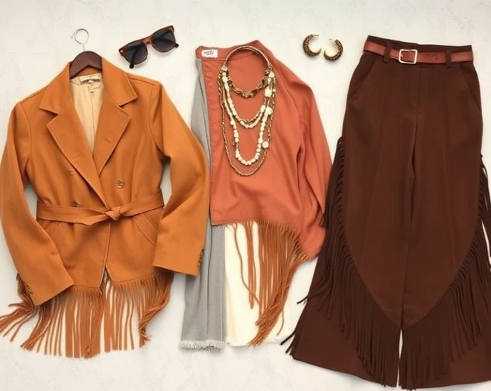 Flat lay of vintage 1970s bohemian fashion items including suede jacket, wide-leg trousers, fringe details, and layered jewelry on neutral background with natural lighting