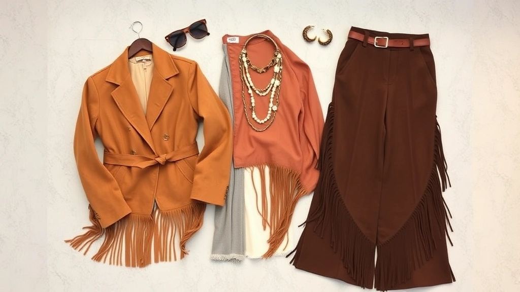 Flat lay of vintage 1970s bohemian fashion items including suede jacket, wide-leg trousers, fringe details, and layered jewelry on neutral background with natural lighting