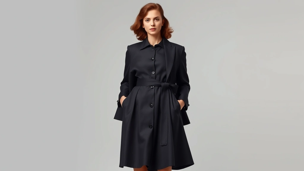Professional fashion photograph of model wearing mixed vintage and contemporary outfit: structured 1950s-inspired dress with modern minimalist blazer and contemporary sneakers
