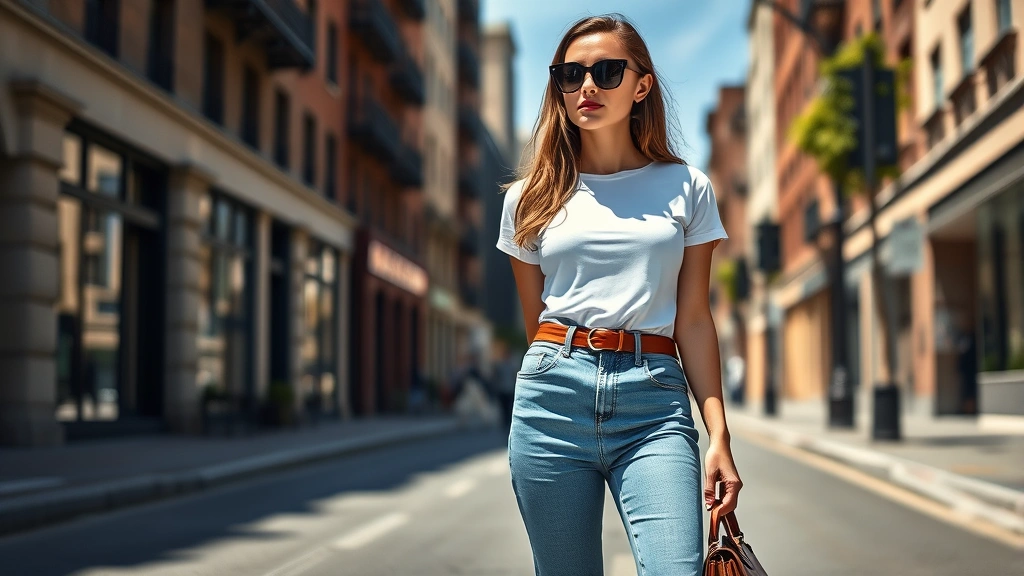 A fashionable woman wearing ultra-low-rise light blue denim jeans with a fitted white baby tee, brown leather belt, and oversized dark sunglasses, standing on a sunny urban street with designer handbag, photorealistic, fashion editorial style