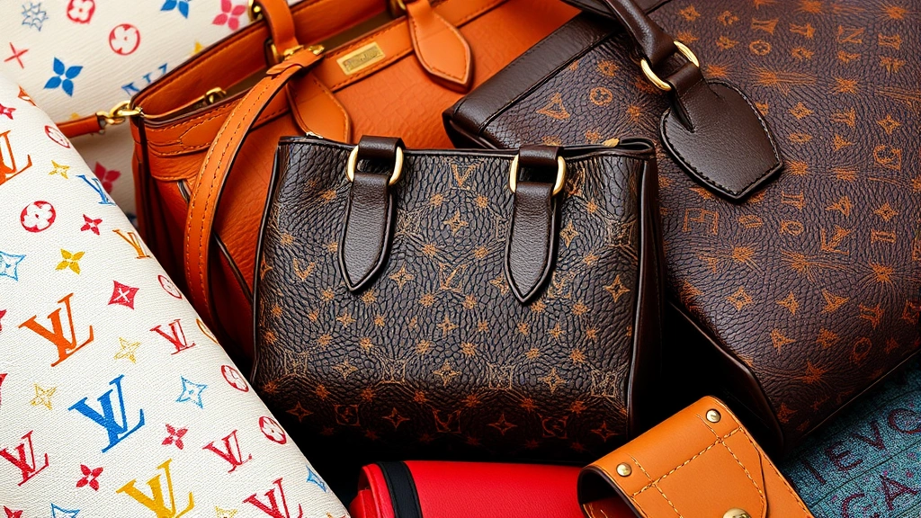 Close-up detail shot of luxury designer handbags and accessories arranged artfully, including monogrammed leather, colorful designer branding, and premium fabrics, showcasing 2004 logomania aesthetic, photorealistic, high-end fashion photography
