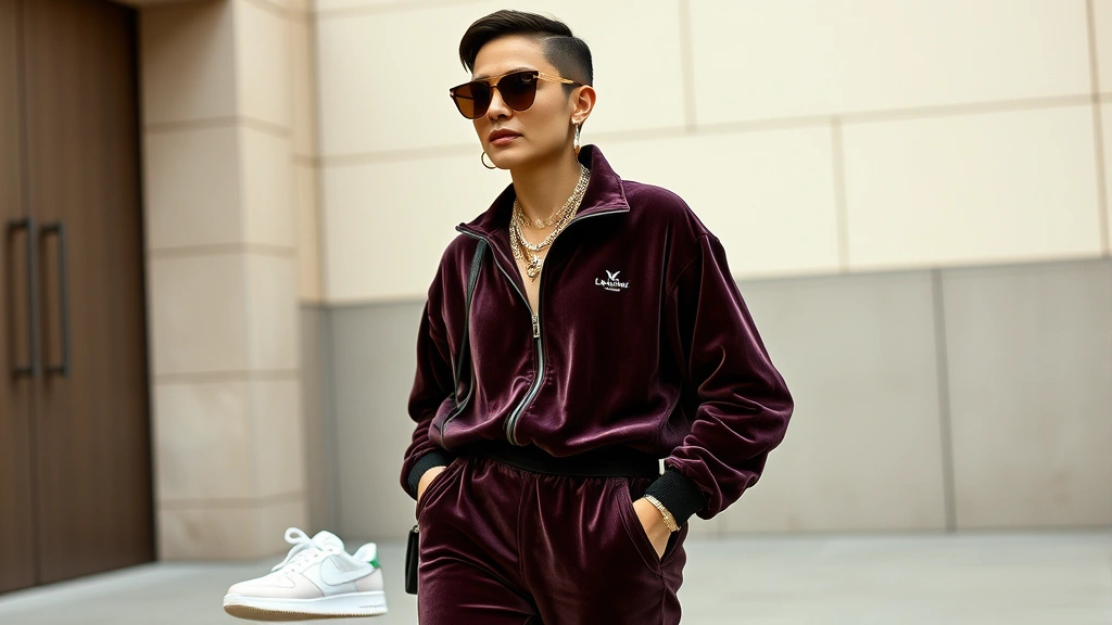 A stylish person in a luxurious velour tracksuit wearing statement jewelry and designer sneakers, accessorized with a small shoulder bag and sunglasses, casual yet elevated 2004 fashion moment, photorealistic, street style aesthetic