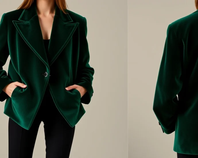 Dramatic oversized emerald green velvet blazer with structured shoulders and exaggerated lapels paired with slim black trousers, styled on a fashion model against neutral background, professional editorial photography
