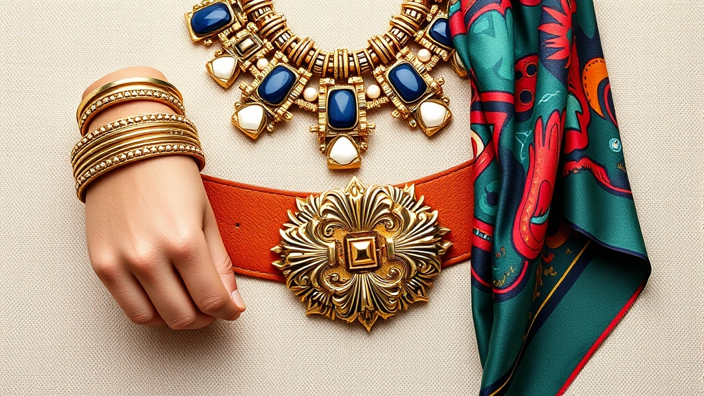 Close-up of luxury accessories arranged artfully: oversized statement necklace, chunky gold bracelets, wide decorative belt with ornate buckle, and colorful printed scarf on neutral background