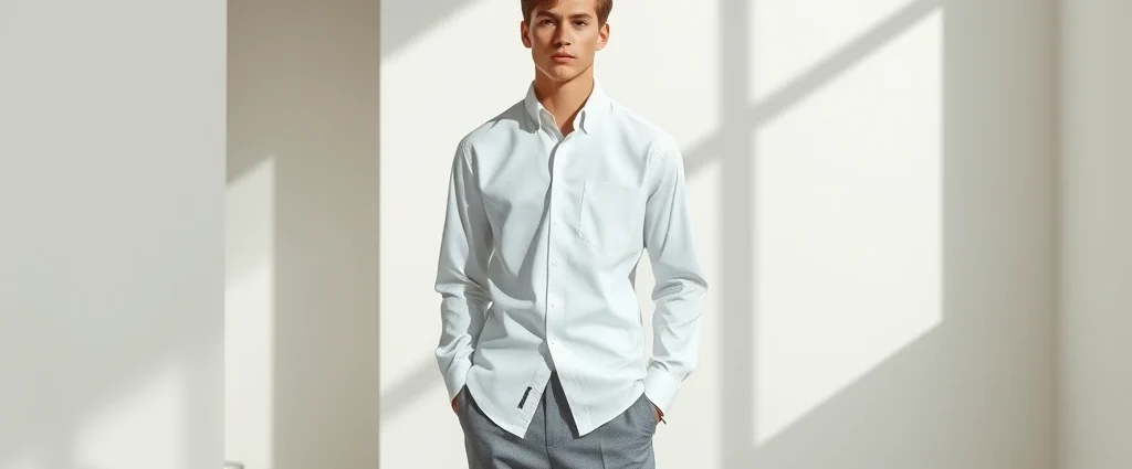Minimalist fashion editorial featuring model wearing crisp white button-down shirt and tailored gray trousers, standing in clean modernist interior space with neutral walls and geometric shadows, photorealistic professional fashion photography