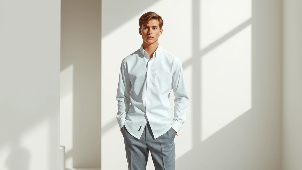 Minimalist fashion editorial featuring model wearing crisp white button-down shirt and tailored gray trousers, standing in clean modernist interior space with neutral walls and geometric shadows, photorealistic professional fashion photography