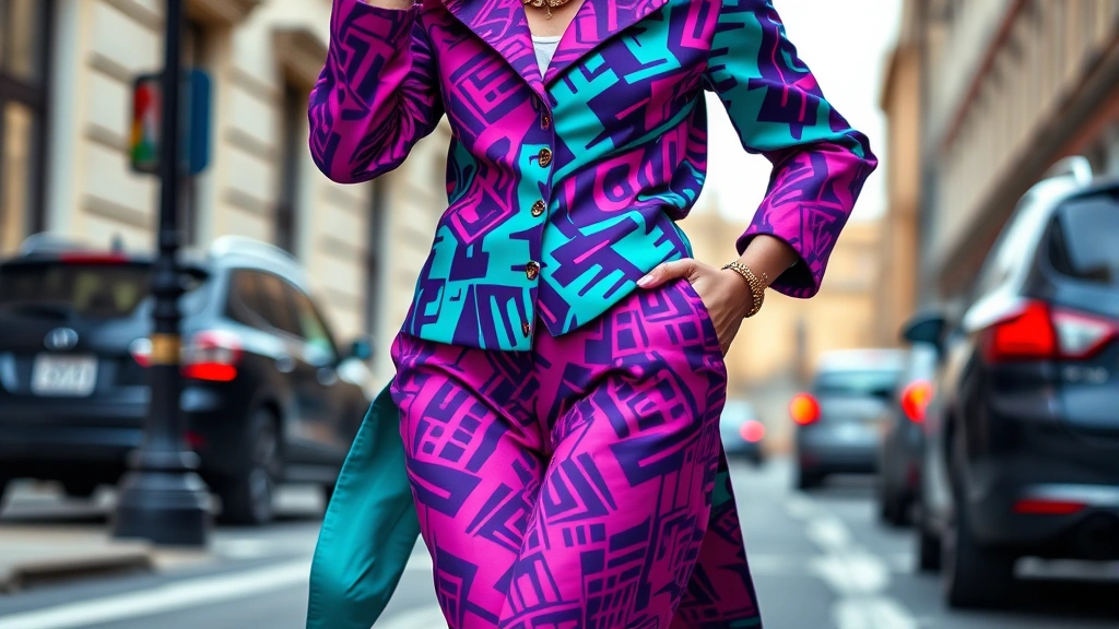 Maximalist fashion lookbook showing vibrant color-blocked outfit with electric purple and teal geometric pattern mixing, bold statement jewelry, dynamic movement captured mid-stride on urban street, saturated colors and layered textures