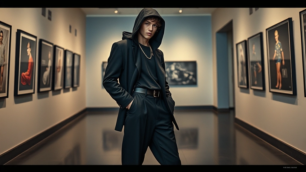 Luxury streetwear collaboration showcase featuring high-fashion model wearing designer sneaker with tailored black suit jacket, hooded element, mixing street culture with luxury craftsmanship in contemporary gallery setting, editorial fashion photography